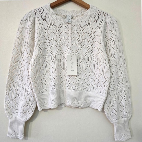 NWT Joie Pointelle Knit Puff Sleeve Sweater Sz M White Cottagecore Coquette - Picture 2 of 15